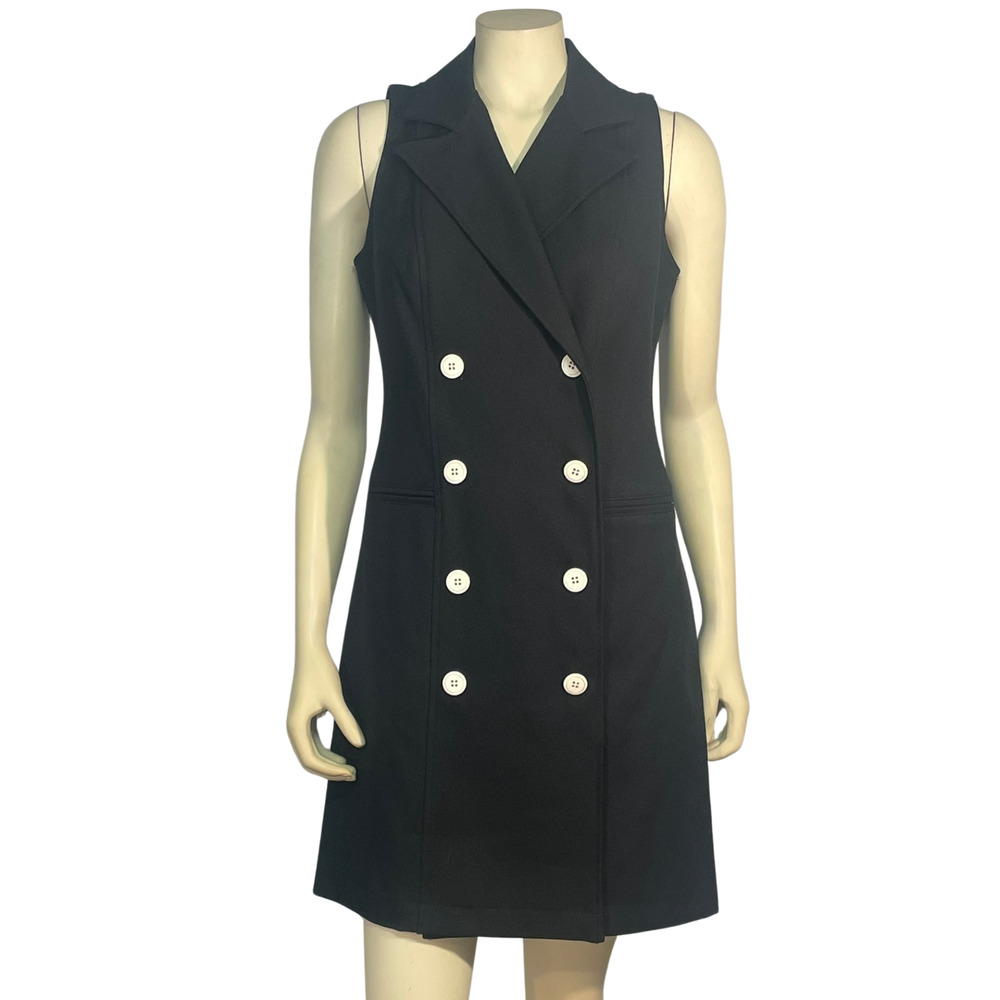 Vtg 90s Moda Int'l Sz 8 Double Breasted Blazer Dress Sleeveless Button Up Black